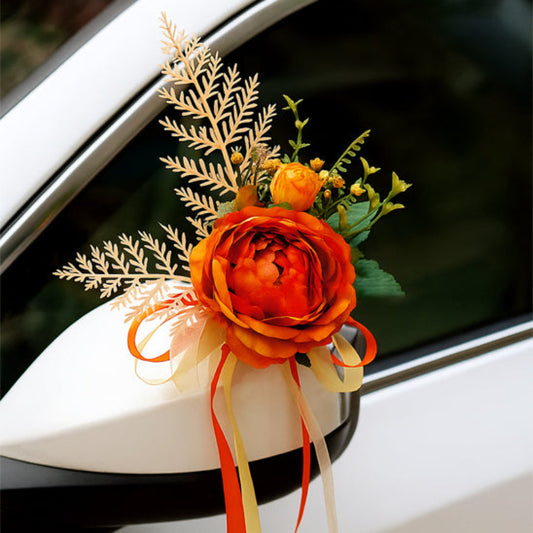 decoration voiture mariage portes fleur orange deux rubans jaune et orange
