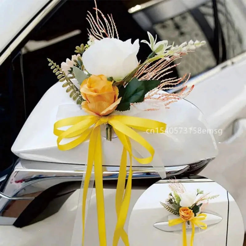 decoration voiture mariage portes fleurs jaunes blanc ruban jaune